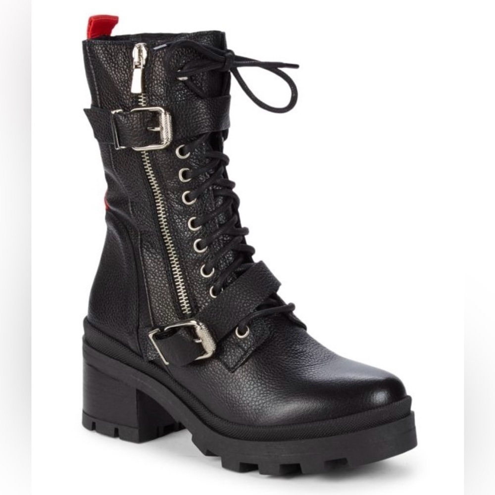 Charles David Women's Jessy Buckled Lace Up Zip Boots Silver Tone Hardware 39